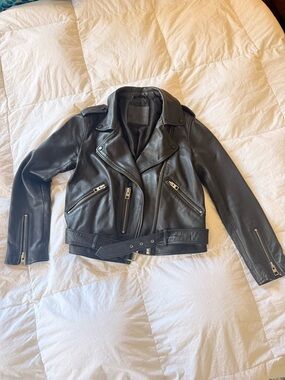 All Saints Black Leather Moto Jacket with Belt